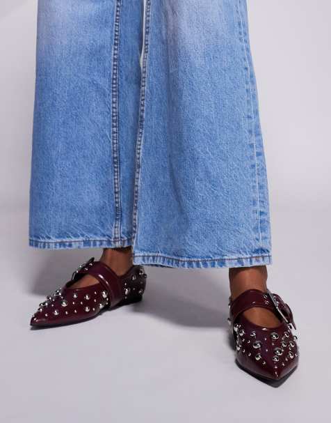 Bailarinas burdeos estilo merceditas con detalle de tachuelas y puntera fina de River Island - view 1