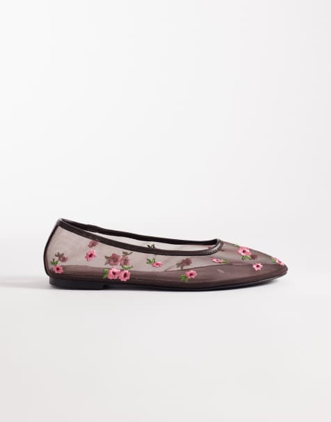 Bailarinas marrón chocolate con bordado floral de malla Lawn de ASOS DESIGN - view 1