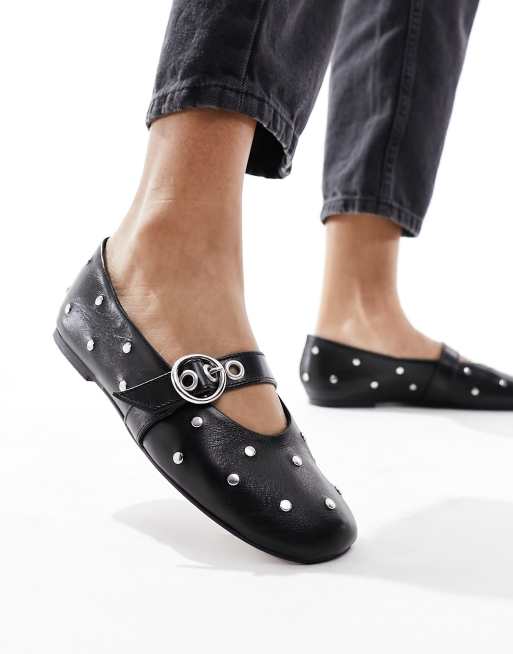 Bailarinas negras estilo merceditas de cuero con tachuelas premium Locke de ASOS DESIGN