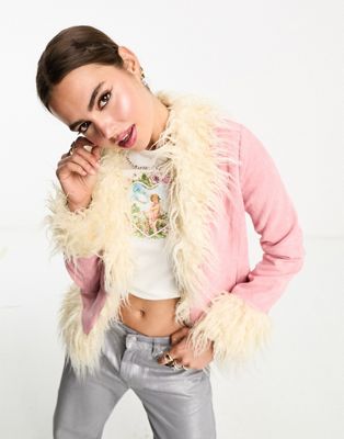Bailey Rose 70s faux suede fluffy trim pink coat - ASOS Price Checker