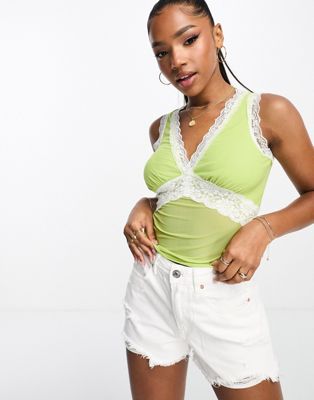 Bailey Rose 90s v-neck cami top in lime with lace trim