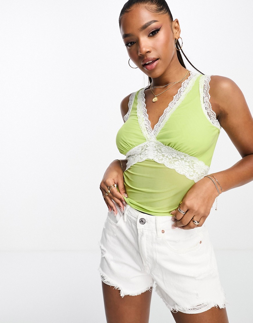Bailey Rose 90s v-neck cami top in lime with lace trim-Green