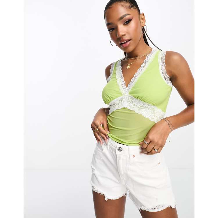 Lime Flare Women Dressy Lace Trim Cami Tank Tops Business Casual