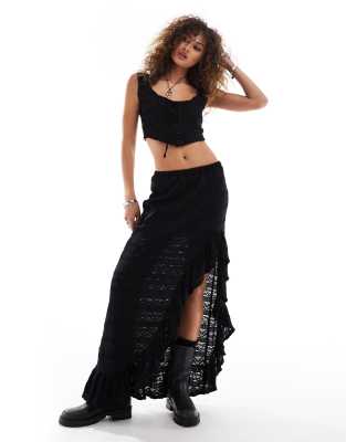 asymmetric hem maxi skirt in black texture - part of a set