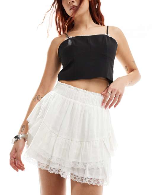 Bailey Rose boho tiered mini prairie skirt with lace trim