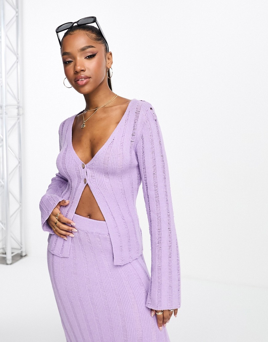 Bailey Rose button front rib knit cardigan in lilac co-ord-Purple