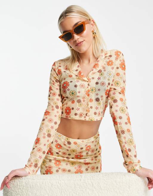 Bailey Rose button up long sleeve retro floral mesh crop top