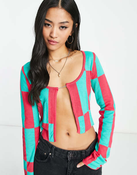 Women Suits Love Plaid Crop Tops Turn Down Collar Jacket Blue Pink