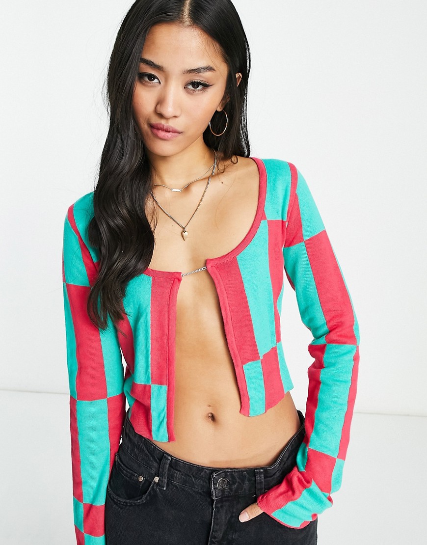 Bailey Rose charm tie crop cardigan in pink check-Multi
