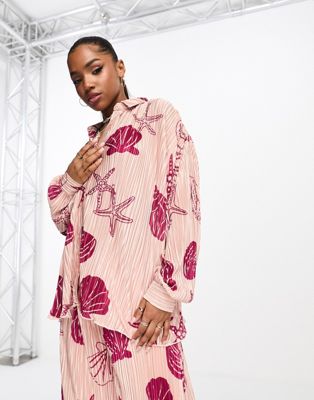 Bailey Rose plisse relaxed shirt in pink seashell print co-ord - ASOS Price Checker