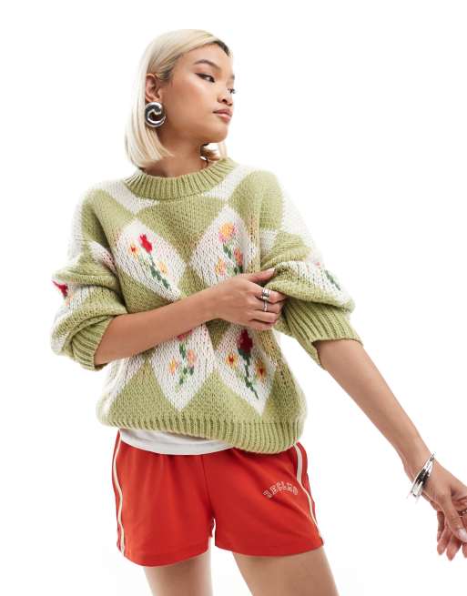 Bailey Rose chunky knit jumper in spring floral green | ASOS