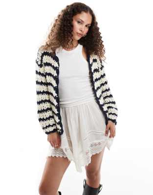 Bailey Rose Chunky Knit Open Cardigan In Black/cream Stripe