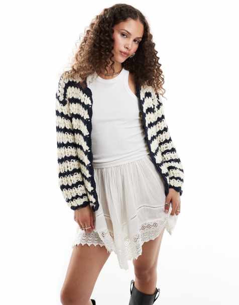 Bailey Rose chunky knit open cardigan in black cream stripe - view 1