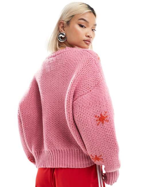 Bailey Rose chunky knitted jumper in pink with cowboy boot ASOS