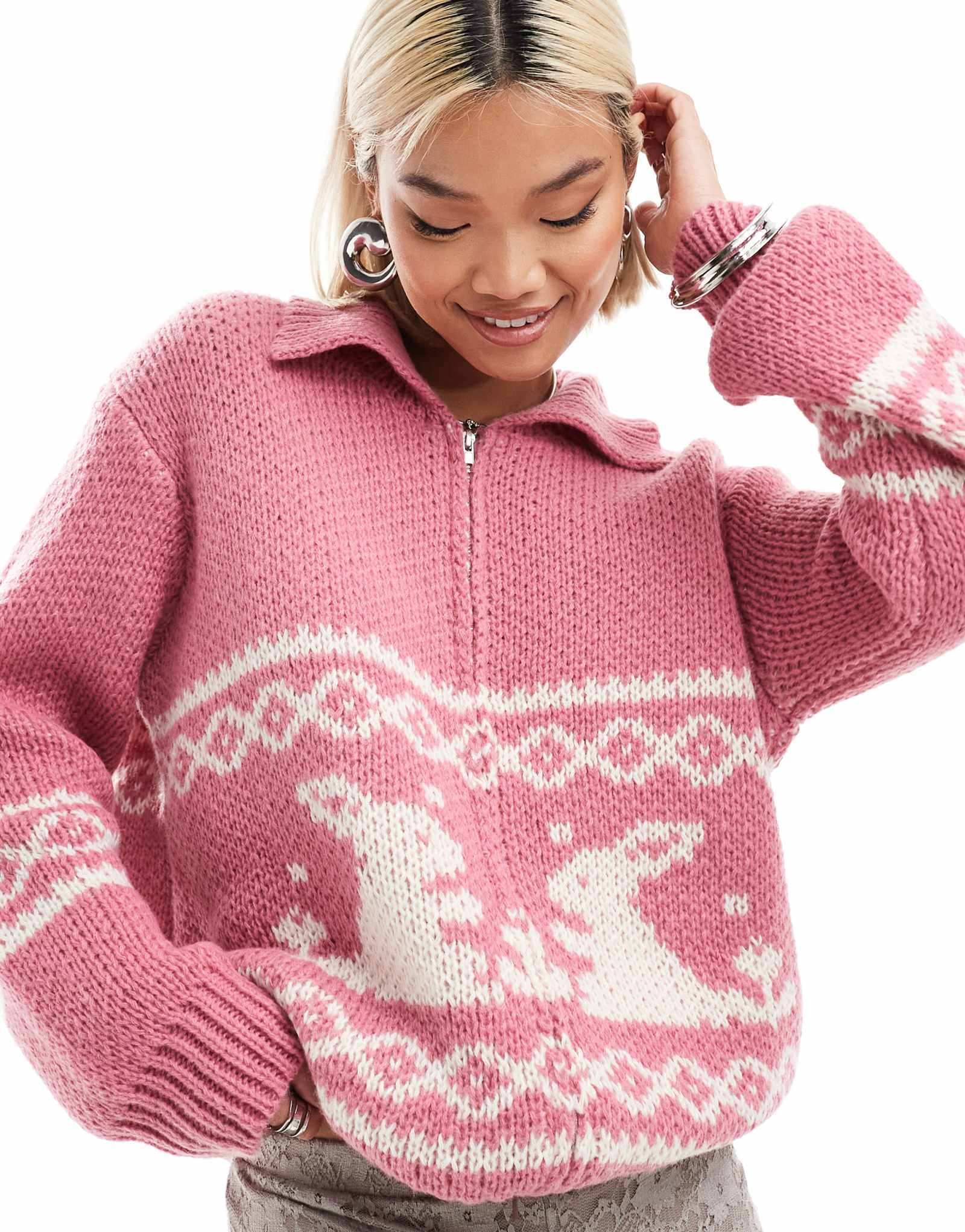 Плотный вязаный кардиган на молнии Bailey Rose из жаккарда pink bunny 14190₽