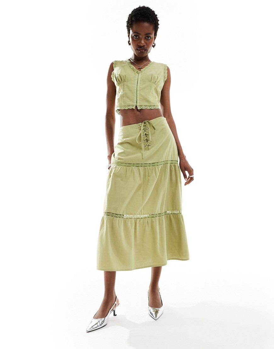 Bailey Rose corset waist prairie skirt in avocado co-ord-Green