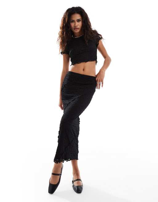 Bailey Rose crop t-shirt & bodycon midi skirt set in black lace