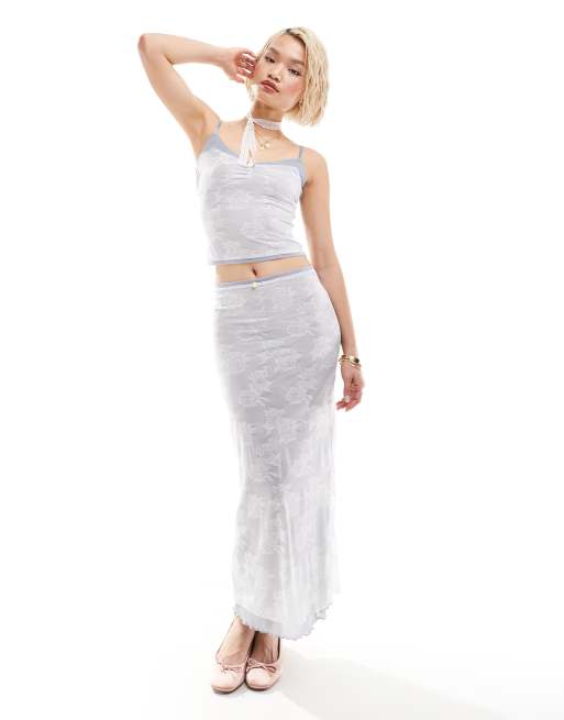 Bailey Rose lace overlay maxi skirt in dusty blue with 90s detail - part of a set