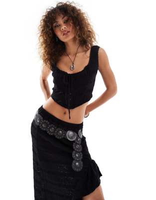 lace up corset top in black texture - part of a set