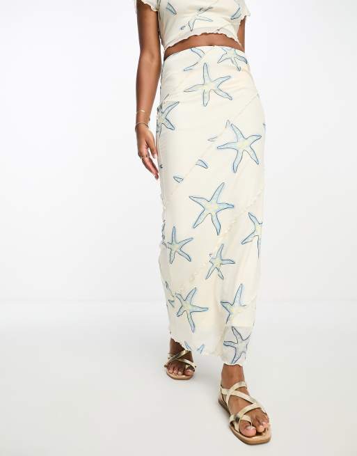 Bailey Rose lettuce hem midi skirt in cream starfish print co ord