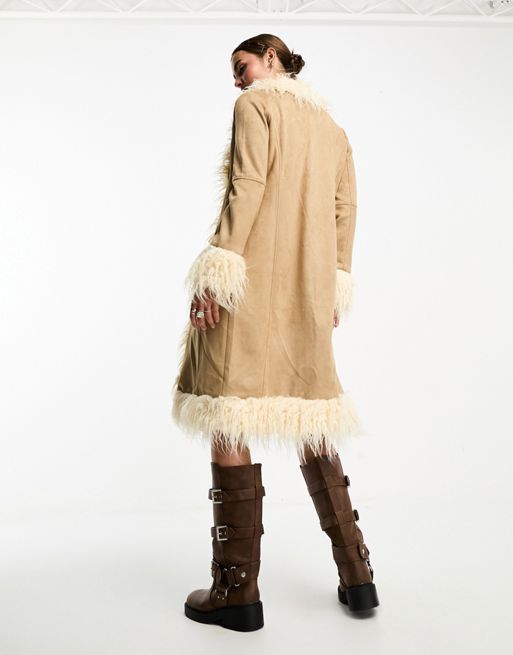 Bailey Rose longline 70s mocha faux suede fluffy trim coat