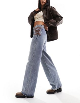 low rise straight leg jeans in western wash-Blue