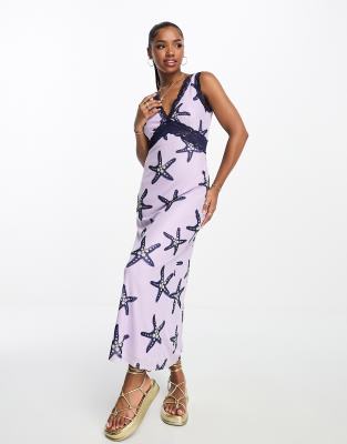Bailey Rose Bailey Rose midi dress with lace trim detail in starfish print-Purple