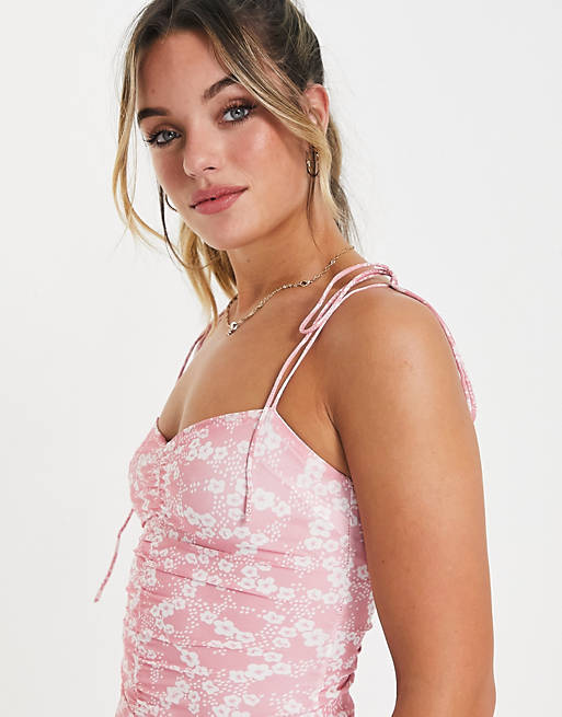  Bailey Rose mini cami dress with tie straps and ruching in ditsy floral 