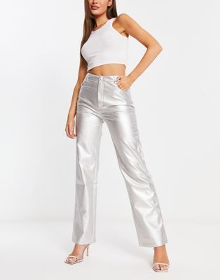 Bailey Rose straight leg trousers in high shine silver - ASOS Price Checker
