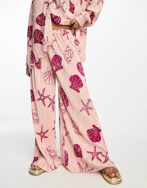 Bailey Rose plisse relaxed pants in pink seashell print (part of a set)