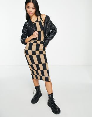 Bailey Rose racer neck black brown check midi dress-Multi