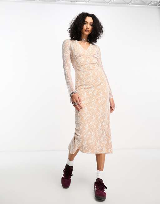Bailey Rose - Robe mi-longue en dentelle vintage à col en V - Blanc