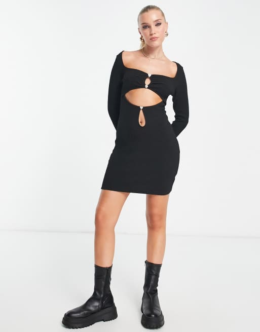 Basic Black Long Sleeve Thumb Hole Bodycon Dress