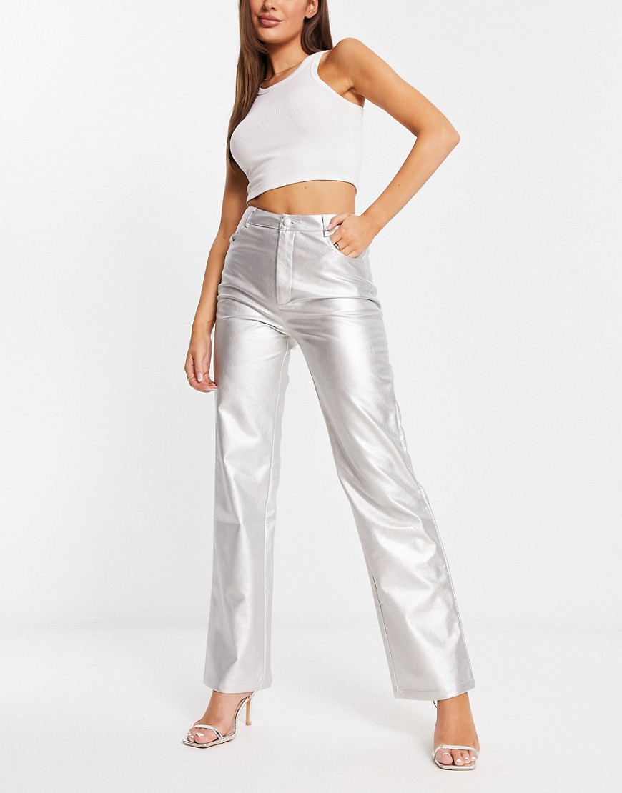 Bailey Rose straight leg trousers in high shine silver-Grey
