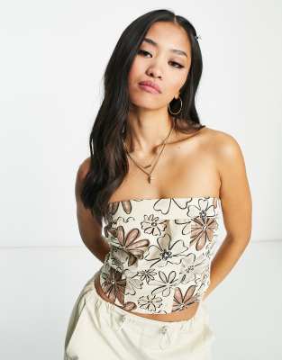 Bailey Rose strapless crop top in brown retro floral-Black