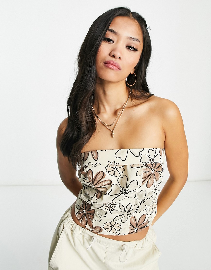 Bailey Rose Strapless Crop Top In Brown Retro Floral-black