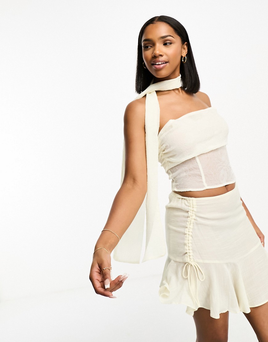 Bailey Rose strapless Y2K sheer top with matching scarf-White