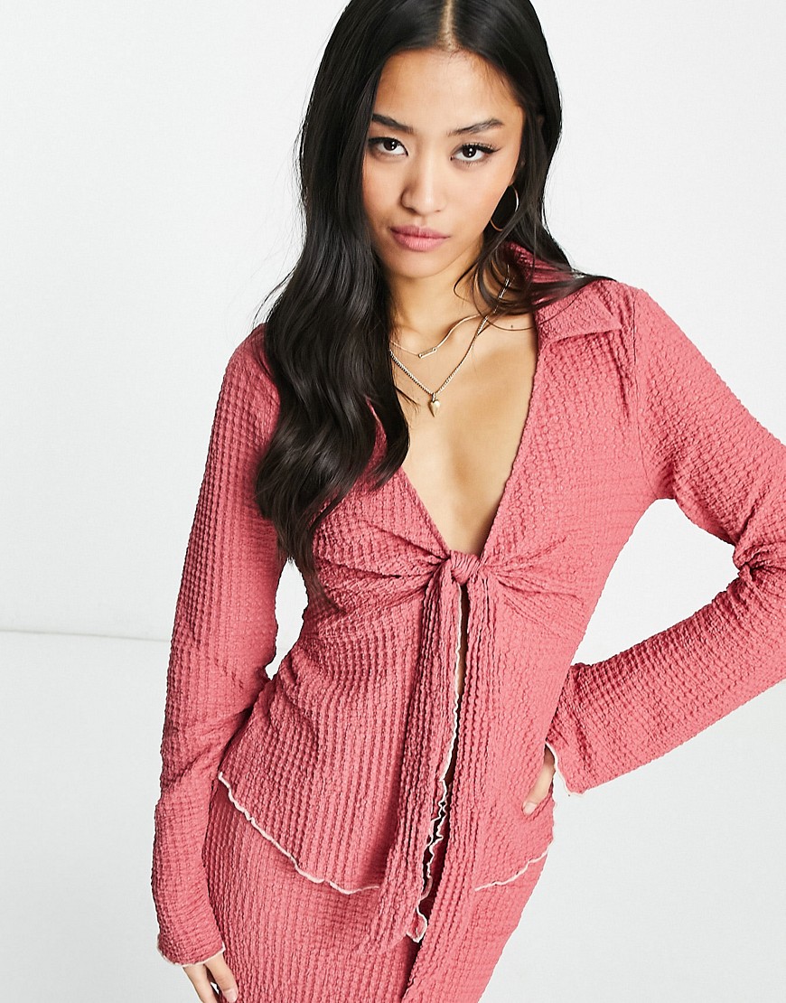 tie front collar top in pink - part of a set