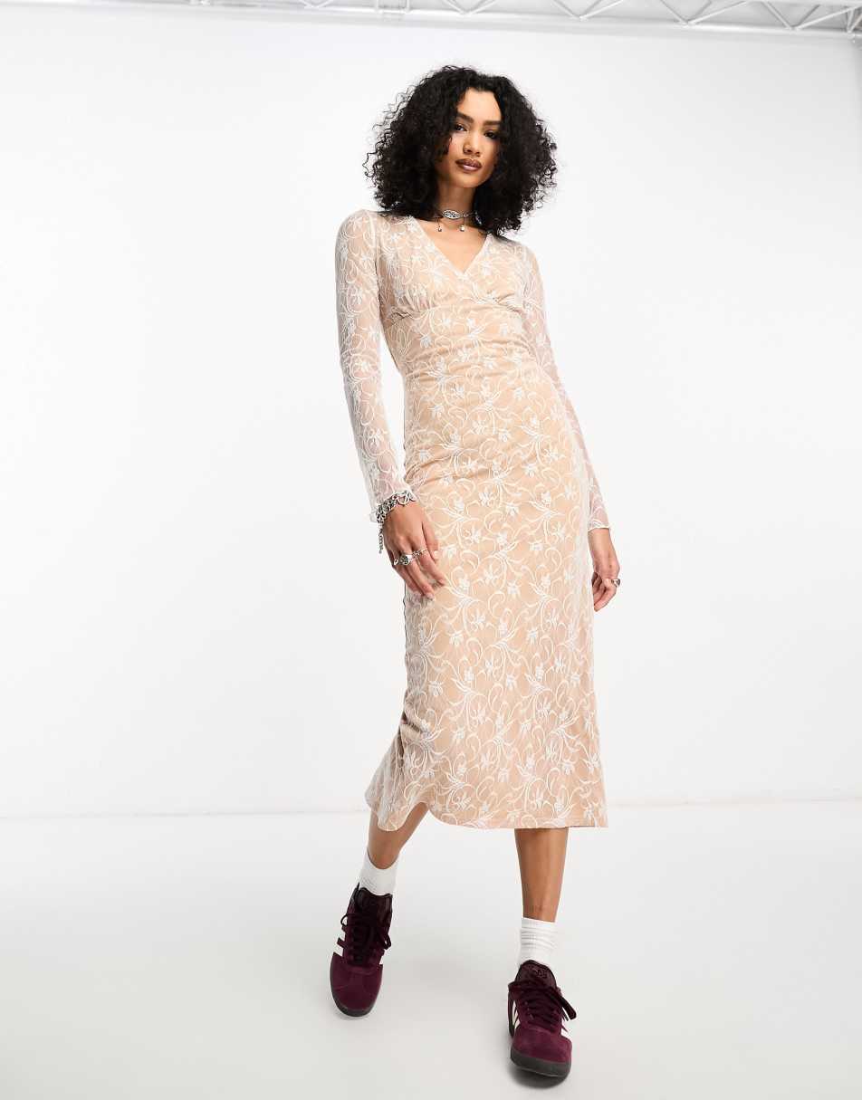 Bailey Rose v neck midi dress in vintage white lace
