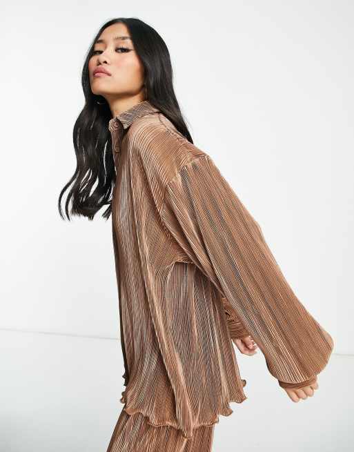 Bailey Rose velvet plisse overshirt in cocoa (Part of a set)