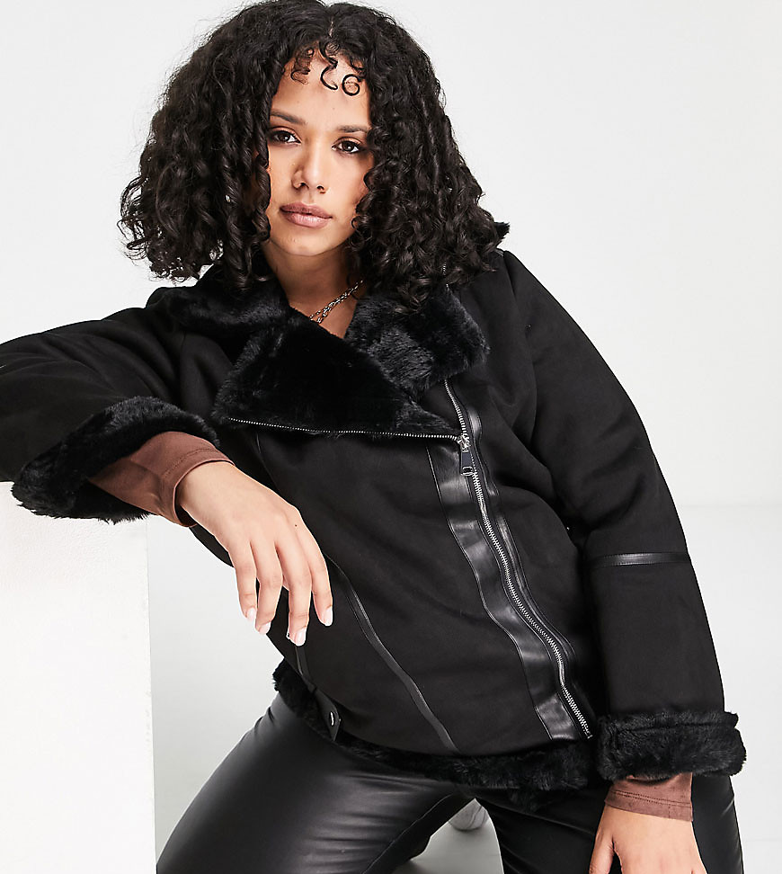 Байкерская куртка из искусственной овчины Fashion Union Plus-Черный цвет
