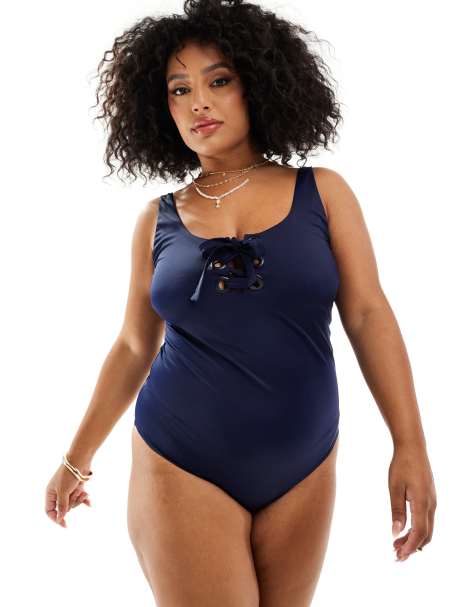 Bañador azul marino con detalle de ojales Sloane de ASOS DESIGN Curve - view 1