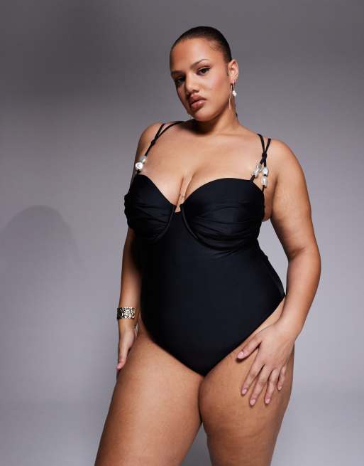 Bikini negro con detalle de perlas y lazadas Sadie de ASOS DESIGN Curve, 2 de 4