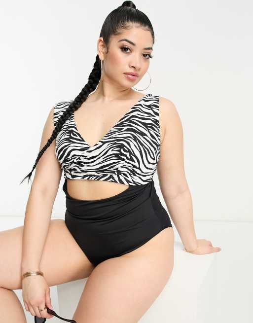 Bañador con estampado de cebra y diseño color block de ASOS DESIGN Curve
