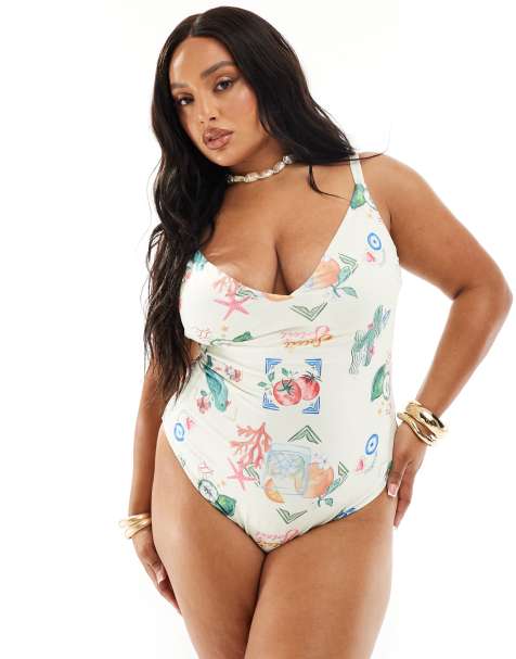 Bañador con parte delantera de pico y estampado de postal de ASOS DESIGN Curve - view 1