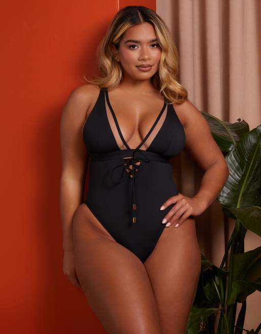Bañador de copas grandes negro escotado con detalle de lazadas de malla de Wolf & Whistle x Natalie Gessey