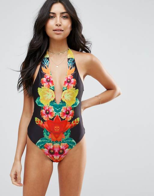 Bañador escotado con estampado tropical reflejado de ASOS DESIGN, 3 de 4