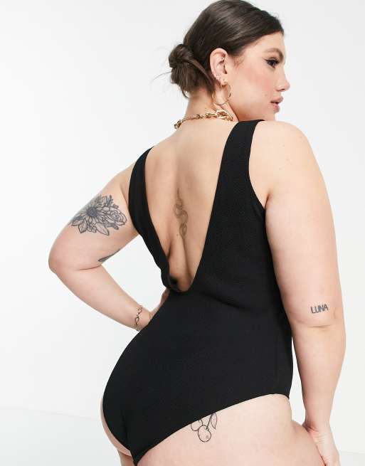Bañador negro arrugado con escote cuadrado de ASOS DESIGN Curve, 2 de 4