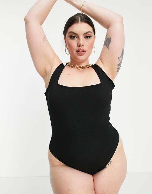 Bañador negro arrugado con escote cuadrado de ASOS DESIGN Curve, 4 de 4