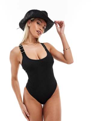 Bañador negro de copas grandes de tirantes con tachuelas y espalda cruzada de ASOS DESIGN - view 1